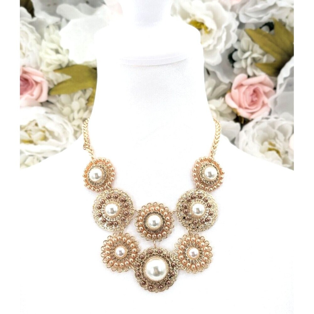 1946 Gold Tone Faux Pearl Bib Chunky Oversized Statement Necklace